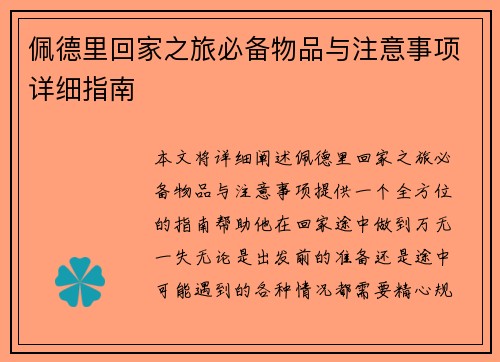 佩德里回家之旅必备物品与注意事项详细指南